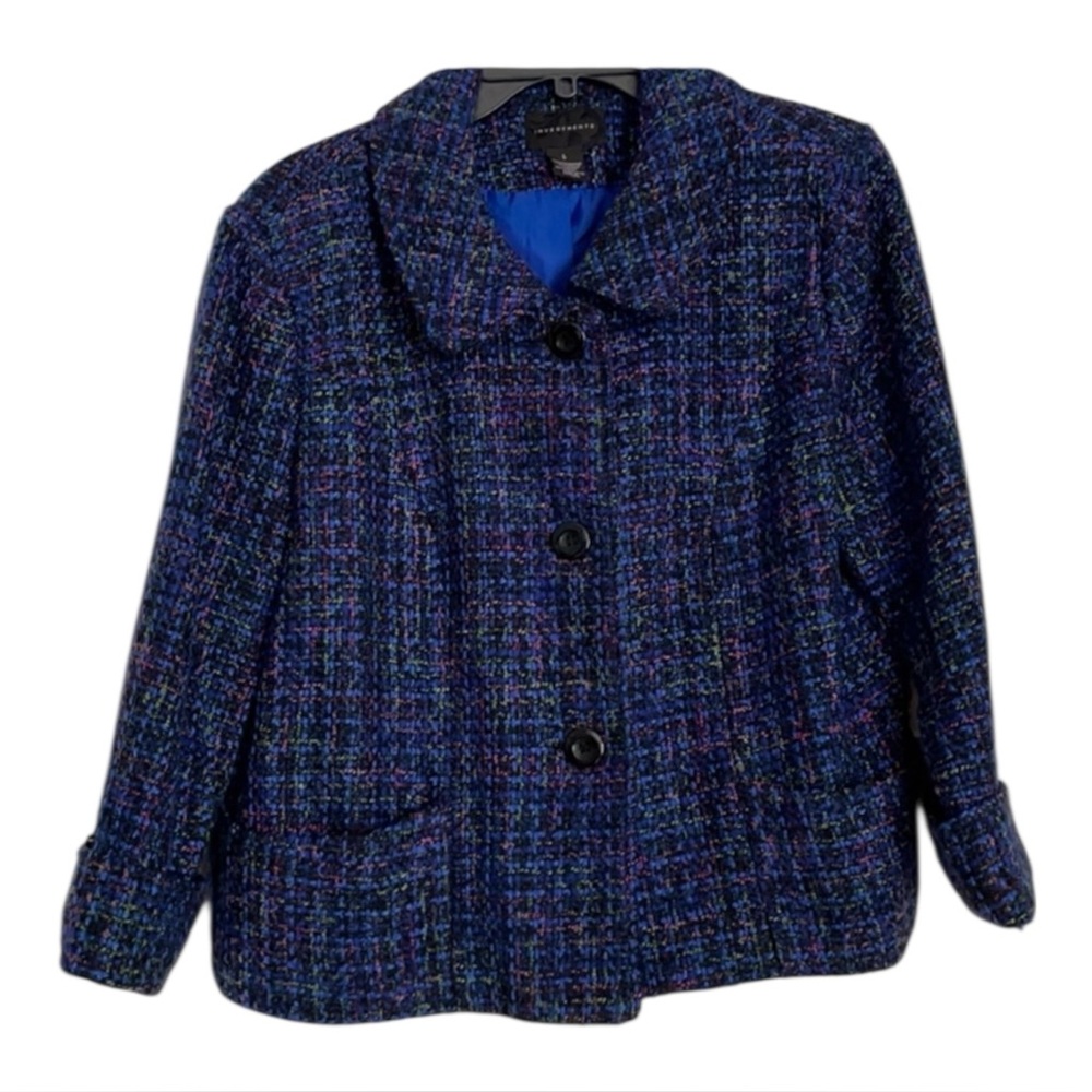 Investments Multi colored tweed jacket
Quarter sleeve. Size Large